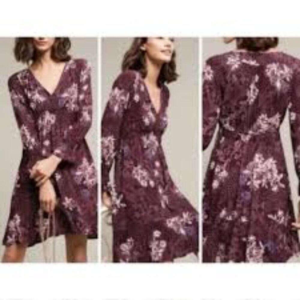 Anthropologie Maeve Merlot Floral Long Sleeve Monaco Dress Size Small